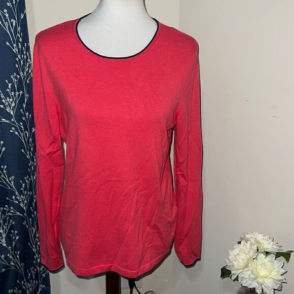 J. McLaughlin Navy Trim Coral Pink Sweater Long Sleeves Knit sz L Large - Picture 1 of 6